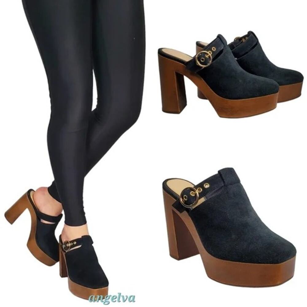 GIANNI BINI Sotelo Black Suede Mule Gold Buckle Platform Festival Boho Clogs 8M